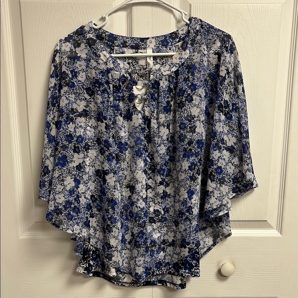 NY Collection Blue Asymmetrical Blouse with Mandarin Collar